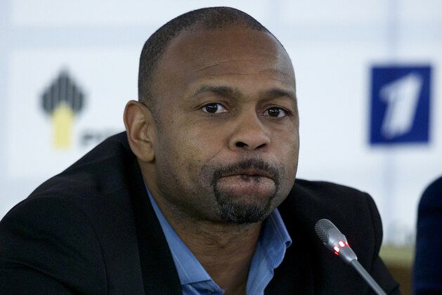 Former world boxing champion Roy Jones Jr  attends a press conference after picking up  his Russian passport on Tuesday, in Moscow, Russia, Wednesday, Oct. 28, 2015. His Russian citizenship was granted earlier  by President Vladimir Putin. (AP Photo/Ivan Sekretarev)