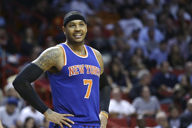 New York Knicks' Carmelo Anthony (7) smiles during the second half of an NBA basketball game against the Miami Heat, Wednesday, Jan. 6, 2016, in Miami. The Knicks defeated the Heat 98-90. (AP Photo/Lynne Sladky)