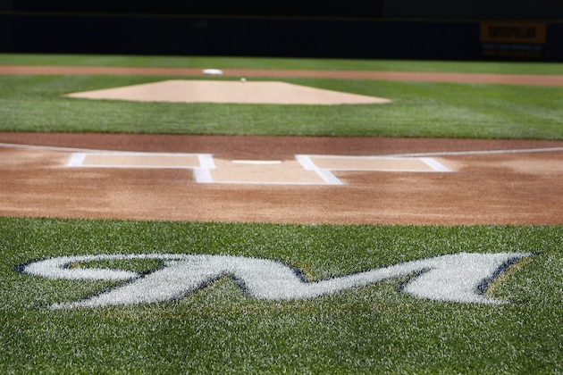 MILWAUKEE, WI - JULY 18: A view of the Brewers logo painted on the field during the game between the St. Louis Cardinals and Milwaukee Brewers at Miller Park on July 18, 2012 in Milwaukee, Wisconsin. (Photo by Mike McGinnis/Getty Images)