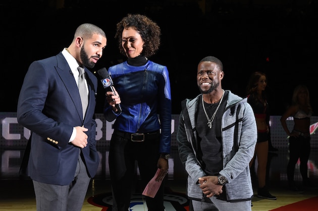 TORONTO, CANADA - FEBRUARY 12: Drake and Kevin Hart speak with Sage Steele of ESPN during the NBA All-Star Celebrity Game Presented by Mountain Dew as part of 2016 All-Star Weekend at the Ricoh Coliseum on February 12, 2016 in Toronto, Ontario, Canada. NOTE TO USER: User expressly acknowledges and agrees that, by downloading and/or using this photograph, user is consenting to the terms and conditions of the Getty Images License Agreement.  Mandatory Copyright Notice: Copyright 2016 NBAE (Photo by Ron Turenne/NBAE via Getty Images)