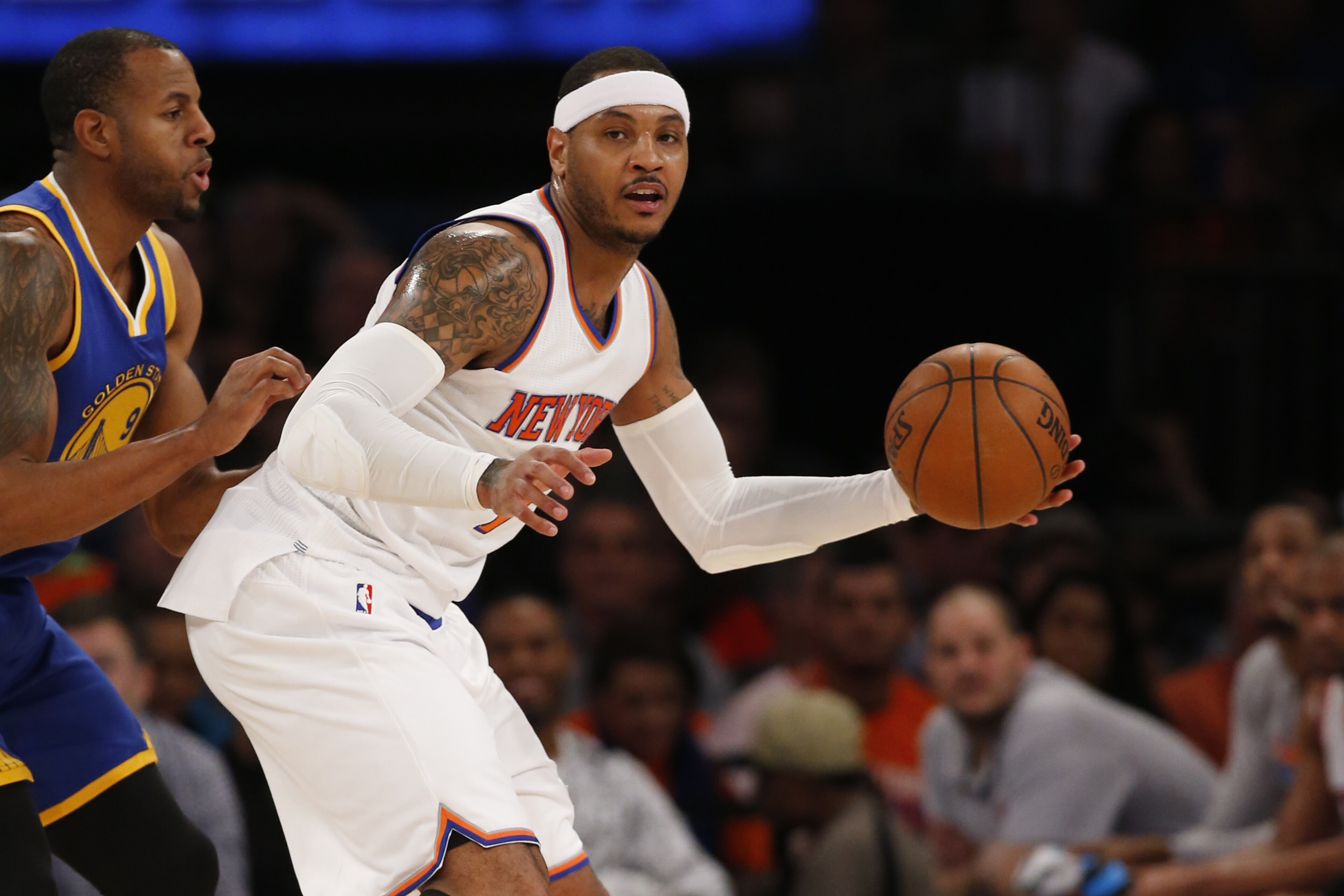 Golden State Warriors forward Andre Iguodala (9) defends New York Knicks forward Carmelo Anthony (7) in the first half of an NBA basketball game at Madison Square Garden in New York, Sunday, Jan. 31, 2016. (AP Photo/Kathy Willens) Golden State Warriors forward Andre Iguodala (9) defends New York Knicks forward Carmelo Anthony (7) in the first half of an NBA basketball game at Madison Square Garden in New York, Sunday, Jan. 31, 2016. (AP Photo/Kathy Willens)