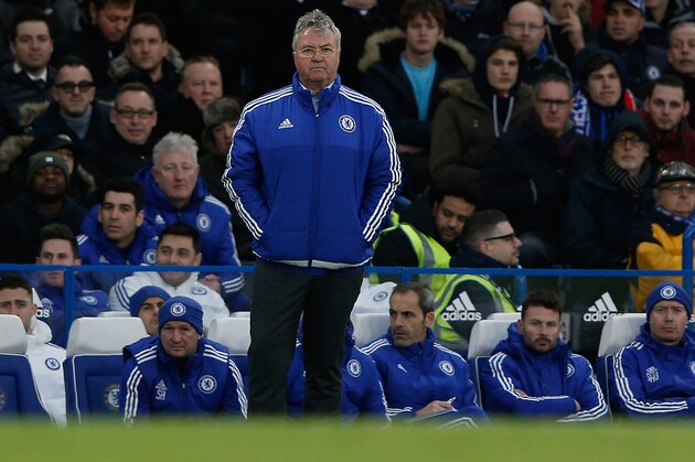 Chelsea's Dutch interim manager Guus Hiddink looks on during the English Premier League football match between Chelsea and Manchester United at Stamford Bridge in London on February 7, 2016. / AFP / ADRIAN DENNIS / RESTRICTED TO EDITORIAL USE. No use with unauthorized audio, video, data, fixture lists, club/league logos or 'live' services. Online in-match use limited to 75 images, no video emulation. No use in betting, games or single club/league/player publications.  /         (Photo credit should read ADRIAN DENNIS/AFP/Getty Images)
