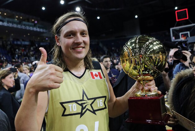 TORONTO, ON - FEBRUARY 12:  Win Butler #34 of Team Canada wins the Player of the Game Award following the NBA All-Star Celebrity Game against Team USA at the Ricoh Coliseum on February 12, 2016 in Toronto, Ontario, Canada.  NOTE TO USER: User expressly acknowledges and agrees that, by downloading and or using this photograph, User is consenting to the terms and conditions of the Getty Images License Agreement.  (Photo by Vaughn Ridley/Getty Images)