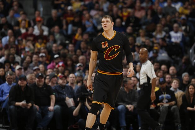 Cleveland Cavaliers center Timofey Mozgov (20) in the first half of an NBA basketball game Tuesday, Dec. 29, 2015, in Denver. (AP Photo/David Zalubowski)