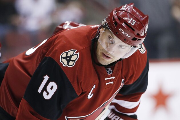 Arizona Coyotes' Shane Doan pauses on the ice during the first period of an NHL hockey game against the Vancouver Canucks Wednesday, Feb. 10, 2016, in Glendale, Ariz.  The Canucks defeated the Coyotes 2-1. (AP Photo/Ross D. Franklin)