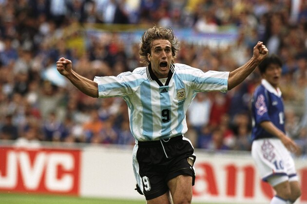14 Jun 1998:  Gabriel Batistuta of Argentina celebrates after scoring in the World Cup group H game against Japan at the Stade Municipal in Toulouse, France. Argentina won 1-0. \ Mandatory Credit: Stu Forster /Allsport
