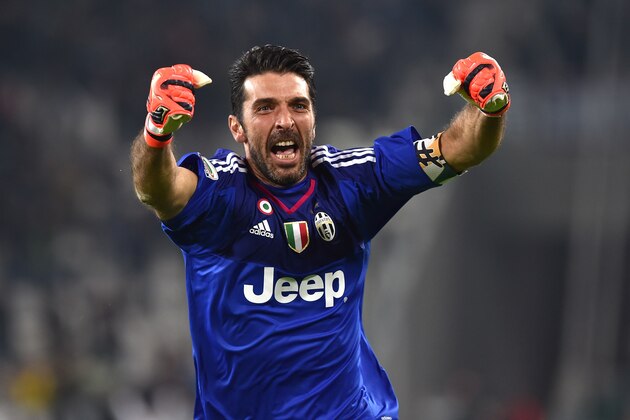 TURIN, ITALY - OCTOBER 31:  Gianluigi Buffon of Juventus FC celebrates after his team-mate  Juan Cuadrado scored the victory goal during the Serie A match between Juventus FC and Torino FC at Juventus Arena on October 31, 2015 in Turin, Italy.  (Photo by Valerio Pennicino/Getty Images)