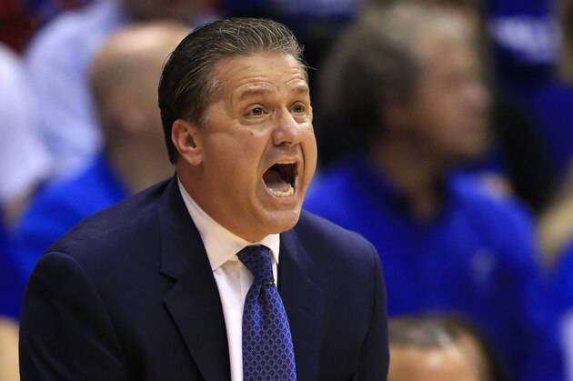 Kentucky head coach John Calipari during the first half of an NCAA college basketball game against Kansas in Lawrence, Kan., Saturday, Jan. 30, 2016. (AP Photo/Orlin Wagner)