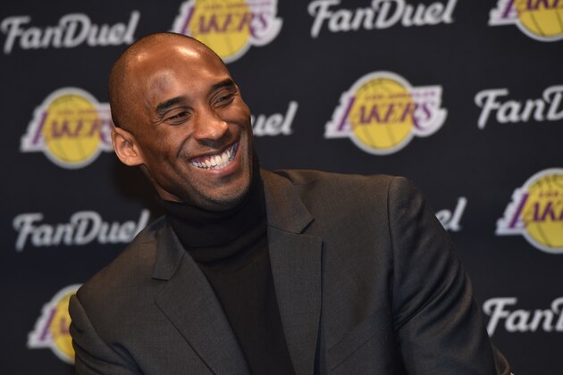 CLEVELAND, OH - FEBRUARY 10:  Kobe Bryant #24 of the Los Angeles Lakers talks to the media during a press conference before playing the Cleveland Cavaliers on February 10, 2016 at Quicken Loans Arena in Cleveland, Ohio. NOTE TO USER: User expressly acknowledges and agrees that, by downloading and/or using this Photograph, user is consenting to the terms and conditions of the Getty Images License Agreement. Mandatory Copyright Notice: Copyright 2016 NBAE (Photo by Bill Baptist/NBAE via Getty Images)