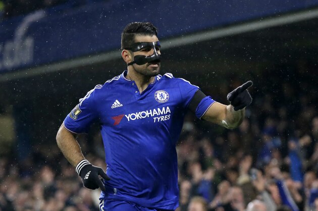Chelsea's Diego Costa celebrates scoring his side's first goal during the English Premier League soccer match between Chelsea and Newcastle United at Stamford Bridge stadium in London, Saturday, Feb. 13, 2016.  (AP Photo/Matt Dunham)