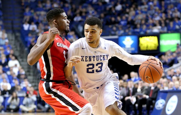 Feb 13, 2016; Columbia, SC, USA; Kentucky Wildcats guard Jamal Murray (23) shoots against South Carolina Gamecocks at Colonial Life Arena. Mandatory Credit: Jim Dedmon-USA TODAY Sports