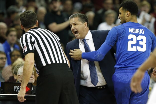 Feb 13, 2016; Columbia, SC, USA; Kentucky Wildcats head coach John Calipari gets called for a technical foul early in the game between the South Carolina Gamecocks and the Kentucky Wildcats at Colonial Life Arena. Mandatory Credit: Jim Dedmon-USA TODAY Sports