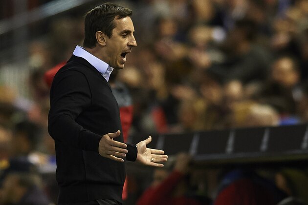 VALENCIA, SPAIN - FEBRUARY 13:  Gary Neville manager of Valencia CF reacts during the La Liga match between Valencia CF and RCD Espanyol at Estadi de Mestalla on February 13, 2016 in Valencia, Spain.  (Photo by Manuel Queimadelos Alonso/Getty Images)