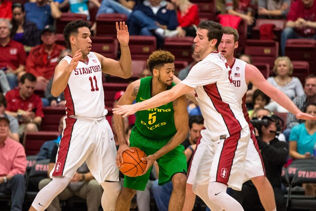 Feb 13, 2016; Stanford, CA, USA;   Oregon Ducks guard Tyler Dorsey (5) is blocked by Stanford Cardinal forward Rosco Allen (25) in the first half at Maples Pavilion. Mandatory Credit: John Hefti-USA TODAY Sports