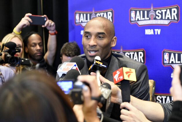 Feb 12, 2016; Toronto, Ontario, Canada; Western Conference forward Kobe Bryant of the Los Angeles Lakers (24) is interviewed during media day for the 2016 NBA All Star Game at Sheraton Centre. Mandatory Credit: Peter Llewellyn-USA TODAY Sports