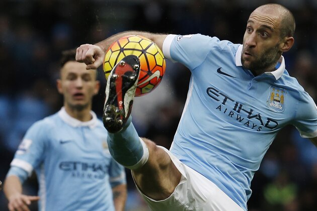 Manchester City's Argentinian defender Pablo Zabaleta controls the ball during the English Premier League football match between Manchester City and Leicester City at the Etihad Stadium in Manchester, north west England, on February 6, 2016. 
Leicester won the match 3-1. / AFP / ADRIAN DENNIS / RESTRICTED TO EDITORIAL USE. No use with unauthorized audio, video, data, fixture lists, club/league logos or 'live' services. Online in-match use limited to 75 images, no video emulation. No use in betting, games or single club/league/player publications.  /         (Photo credit should read ADRIAN DENNIS/AFP/Getty Images)