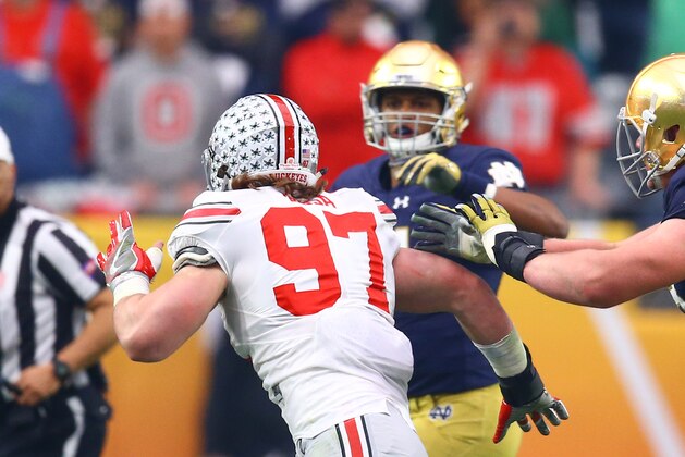 Jan 1, 2016; Glendale, AZ, USA; Ohio State Buckeyes defensive lineman Joey Bosa (97) against the Notre Dame Fighting Irish during the 2016 Fiesta Bowl at University of Phoenix Stadium. The Buckeyes defeated the Fighting Irish 44-28. Mandatory Credit: Mark J. Rebilas-USA TODAY Sports Jan 1, 2016; Glendale, AZ, USA; Ohio State Buckeyes defensive lineman Joey Bosa (97) against the Notre Dame Fighting Irish during the 2016 Fiesta Bowl at University of Phoenix Stadium. The Buckeyes defeated the Fighting Irish 44-28. Mandatory Credit: Mark J. Rebilas-USA TODAY Sports