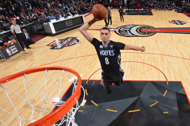 TORONTO, CANADA - FEBRUARY 13:  Zach LaVine #8 of the Minnesota Timberwolves goes up for the dunk during the Verizon Slam Dunk Contest as part of the 2016 NBA All Star Weekend on February 13, 2016 at the Air Canada Centre in Toronto, Ontario, Canada.  NOTE TO USER: User expressly acknowledges and agrees that, by downloading and or using this Photograph, user is consenting to the terms and conditions of the Getty Images License Agreement.  Mandatory Copyright Notice: Copyright 2016 NBAE (Photo by Jesse D. Garrabrant/NBAE via Getty Images)