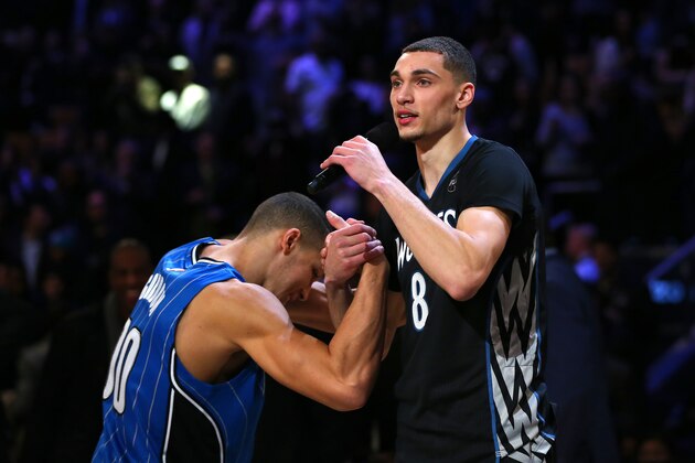 TORONTO, ON - FEBRUARY 13:  Aaron Gordon of the Orlando Magic and Zach LaVine of the Minnesota Timberwolves react after the Verizon Slam Dunk Contest during NBA All-Star Weekend 2016 at Air Canada Centre on February 13, 2016 in Toronto, Canada. NOTE TO USER: User expressly acknowledges and agrees that, by downloading and/or using this Photograph, user is consenting to the terms and conditions of the Getty Images License Agreement.  (Photo by Elsa/Getty Images)