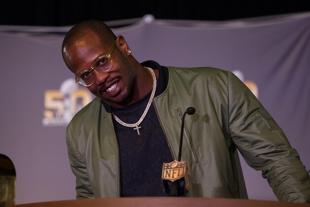 Feb 8, 2016; San Francisco, CA, USA; Denver Broncos outside linebacker Von Miller smiles during a press conference at the Super Bowl Media Center at Moscone Center-West. Mandatory Credit: Kelley L Cox-USA TODAY Sports