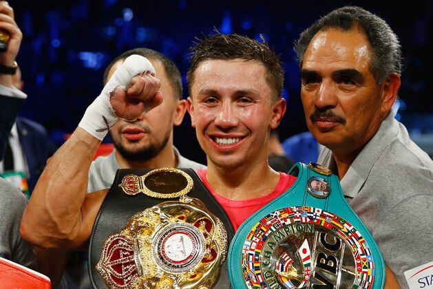 NEW YORK, NY - OCTOBER 17:  Gennady Golovkin celebrates his eigth round tko against  David Lemieux during their WBA/WBC interim/IBF middleweight title unification bout at Madison Square Garden on October 17, 2015 in New York City.  (Photo by Al Bello/Getty Images)