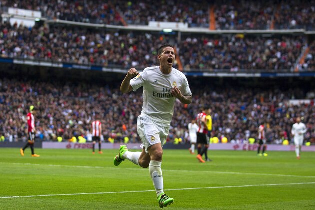 MADRID, SPAIN - FEBRUARY 13:  James Rodriguez of Real Madrid CF celebrates scoring their second goal during the La Liga match between Real Madrid CF and Athletic Club at Estadio Santiago Bernabeu on February 13, 2016 in Madrid, Spain.  (Photo by Gonzalo Arroyo Moreno/Getty Images)