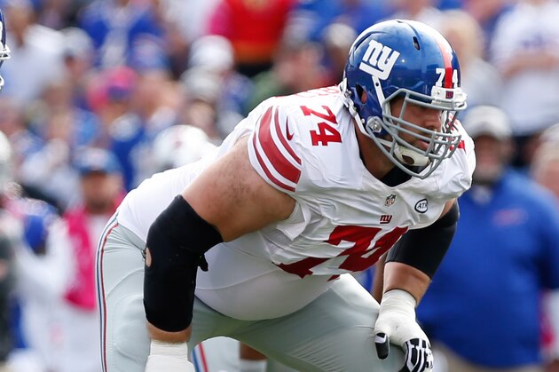 Oct 4, 2015; Orchard Park, NY, USA; New York Giants guard Geoff Schwartz (74) during the game against the Buffalo Bills at Ralph Wilson Stadium. Mandatory Credit: Kevin Hoffman-USA TODAY Sports