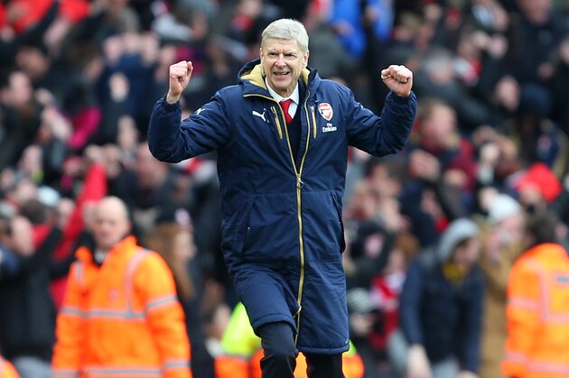 LONDON, ENGLAND - FEBRUARY 14 :  Arsene Wenger manager of Arsenal celebrates during the Barclays Premier League match between Arsenal and Leicester City at the Emirates Stadium on February 14, 2016 in London, England.  (Photo by Catherine Ivill - AMA/Getty Images)