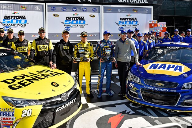 Feb 14, 2016; Daytona Beach, FL, USA; NASCAR Sprint Cup Series driver Chase Elliott (24) celebrates winning the pole while NASCAR Sprint Cup Series driver Matt Kenseth (20) celebrates winning the outside pole for the Daytona 500 at Daytona International Speedway. Mandatory Credit: Jasen Vinlove-USA TODAY Sports