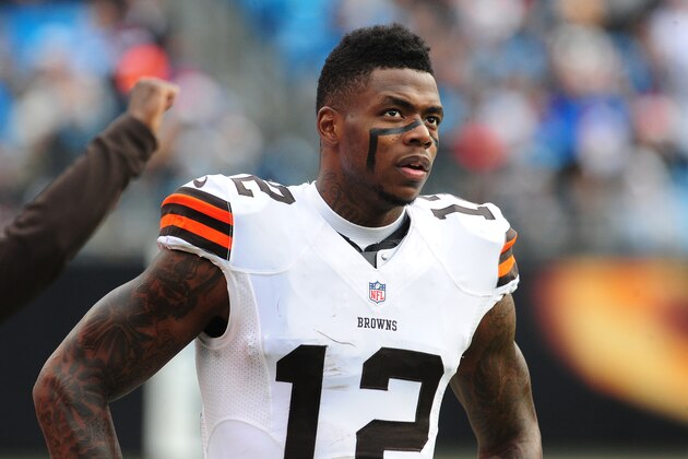CHARLOTTE, NC - DECEMBER 21: Josh Gordon #12 of the Cleveland Browns watches the action against the Carolina Panthers on December 21, 2014 at Bank of America Stadium in Charlotte, North Carolina.  (Photo by Scott Cunningham/Getty Images)