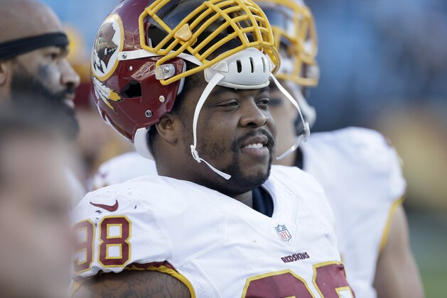 Washington Redskins' Terrance Knighton (98) on the sidelines during the second half of an NFL football game against the Carolina Panthers in Charlotte, N.C., Sunday, Nov. 22, 2015. The Panthers won 44-16. (AP Photo/Bob Leverone)