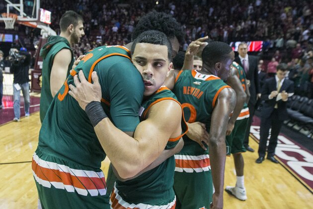 Miami center Ebuka Izundu, left, and Miami guard Angel Rodriguez celebrate defeating Florida State 67-65 an NCAA basketball game in Tallahassee, Fla., Sunday Feb. 14, 2016. Miami defeated Florida State 67-65. (AP Photo/Mark Wallheiser)