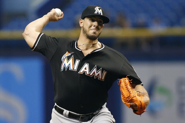 ST. PETERSBURG, FL - OCTOBER 1:  Jose Fernandez #16 of the Miami Marlins pitches during the first inning of a game against the Tampa Bay Rays on October 1, 2015 at Tropicana Field in St. Petersburg, Florida.  (Photo by Brian Blanco/Getty Images)