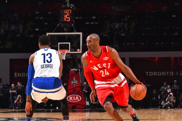TORONTO, CANADA - FEBRUARY 14:  Kobe Bryant #24 of the Western Conference All-Stars dribbles the ball during the NBA All-Star Game as part of the 2016 NBA All Star Weekend on February 14, 2016 at the Air Canada Centre in Toronto, Ontario, Canada.  NOTE TO USER: User expressly acknowledges and agrees that, by downloading and or using this Photograph, user is consenting to the terms and conditions of the Getty Images License Agreement.  Mandatory Copyright Notice: Copyright 2016 NBAE (Photo by Jesse D. Garrabrant/NBAE via Getty Images)