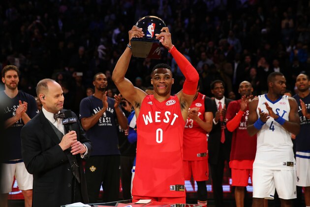 TORONTO, ON - FEBRUARY 14:  Russell Westbrook #0 of the Oklahoma City Thunder and the Western Conference holds the MVP trophy after defeating the Eastern Conference during the NBA All-Star Game 2016 at the Air Canada Centre on February 14, 2016 in Toronto, Ontario. NOTE TO USER: User expressly acknowledges and agrees that, by downloading and/or using this Photograph, user is consenting to the terms and conditions of the Getty Images License Agreement.  (Photo by Elsa/Getty Images)
