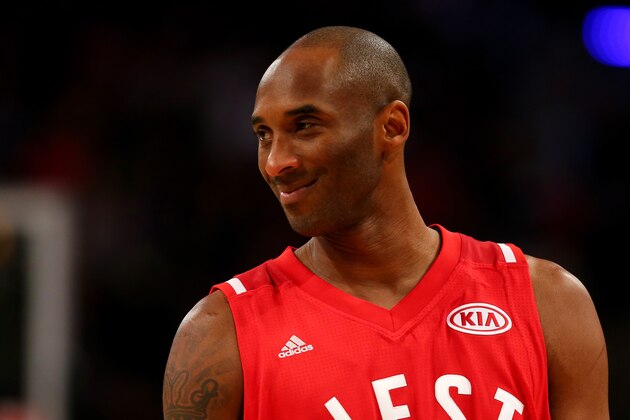 TORONTO, ON - FEBRUARY 14:  Kobe Bryant #24 of the Los Angeles Lakers and the Western Conference smiles in the first half against the Eastern Conference during the NBA All-Star Game 2016 at the Air Canada Centre on February 14, 2016 in Toronto, Ontario. NOTE TO USER: User expressly acknowledges and agrees that, by downloading and/or using this Photograph, user is consenting to the terms and conditions of the Getty Images License Agreement.  (Photo by Elsa/Getty Images)
