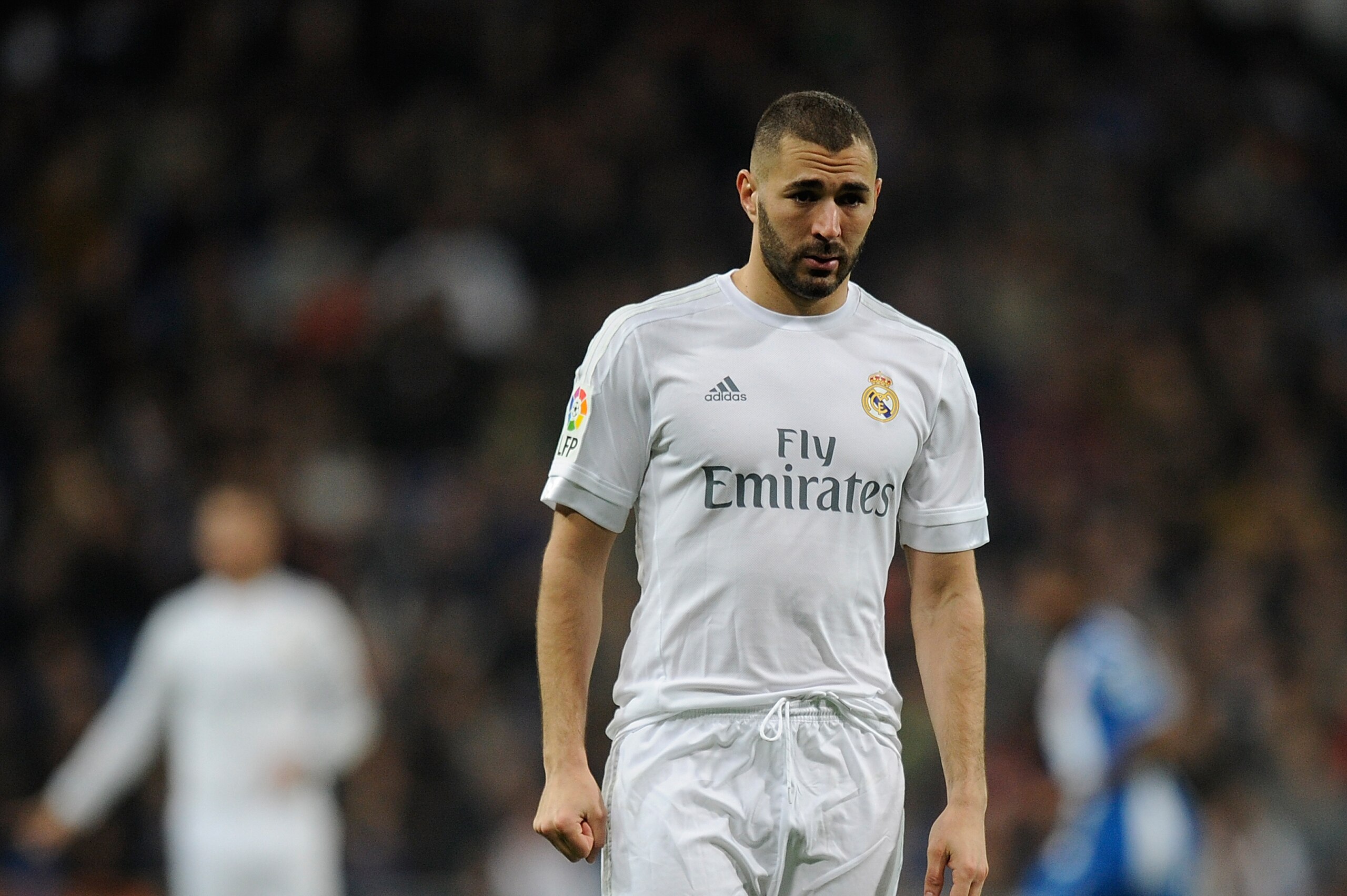 MADRID, SPAIN - JANUARY 31:  Karim Benzema of Real Madrid looks on during the La Liga match between Real Madrid CF and Real CD Espanyol  at Estadio Santiago Bernabeu on January 31, 2016 in Madrid, Spain.