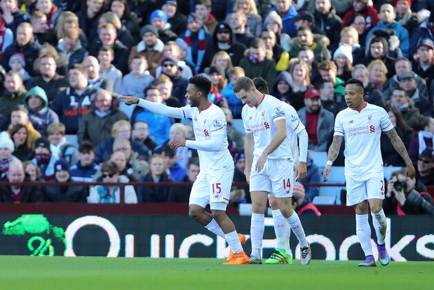 BIRMINGHAM, ENGLAND - FEBRUARY 14 : Daniel Sturridge of Liverpool celebrates with his team-mates after scoring a goal to make it 0-1 during the Barclays Premier League match between Aston Villa and Liverpool at Villa Park on February 14, 2016 in Birmingham, England.  (Photo by James Baylis - AMA/ via Getty Images)