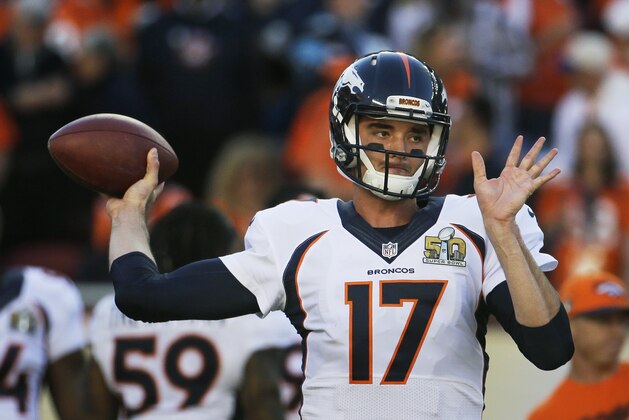 Denver Broncos’ Brock Osweiler (17) warms up before the NFL Super Bowl 50 football game against the Carolina Panthers Sunday, Feb. 7, 2016, in Santa Clara, Calif. (AP Photo/Julio Cortez)
