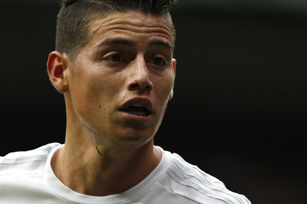 Real Madrid's James Rodriguez reacts during a La Liga soccer match between Real Madrid and Athletic Bilbao at the Santiago Bernabeu stadium in Madrid, Spain, Saturday, Feb. 13, 2016. (AP Photo/Daniel Ochoa de Olza)