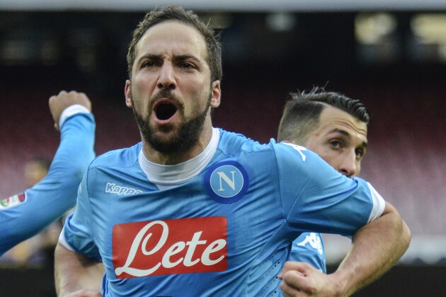 Napoli's Gonzalo Higuain celebrates after scoring during a Serie A soccer match between Napoli and Carpi, at the San Paolo stadium in Naples, Italy, Sunday, Feb. 7, 2016. (AP Photo/Salvatore Laporta)