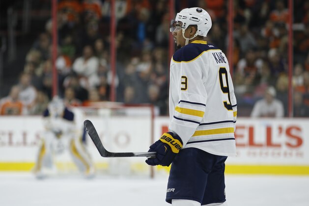 Buffalo Sabres' Evander Kane in action during an NHL hockey game against the Philadelphia Flyers, Thursday, Feb. 11, 2016, in Philadelphia.  (AP Photo/Matt Slocum)