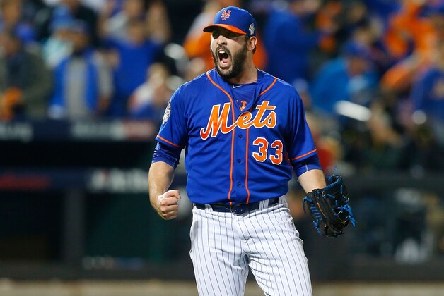 NEW YORK, NY - NOVEMBER 01:  (NEW YORK DAILIES OUT)    Matt Harvey #33 of the New York Mets reacts after the final out of the fourth inning against the Kansas City Royals during game five of the 2015 World Series at Citi Field on November 1, 2015 in the Flushing neighborhood of the Queens borough of New York City. The Royals defeated the Mets 7-2.  (Photo by Jim McIsaac/Getty Images)