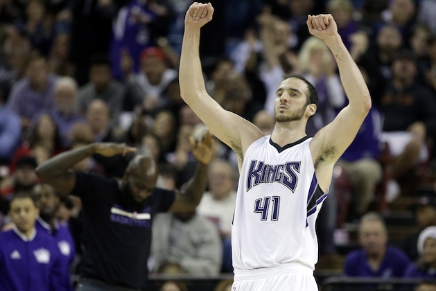 Sacramento Kings center Kosta Koufos celebrates after the Kings scored against the Utah Jazz in the closing moments of an NBA basketball game in Sacramento, Calif., Tuesday, Dec. 8, 2015. The Kings won 114-106. (AP Photo/Rich Pedroncelli)