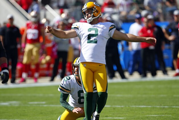 Green Bay Packers kicker Mason Crosby (2) watches his kick against the San Francisco 49ers during an NFL football game in Santa Clara, Calif., Sunday, Oct. 4, 2015. (Jeff Haynes/AP Images for Panini)