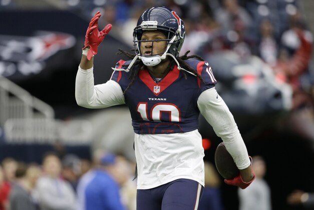 Houston Texans wide receiver DeAndre Hopkins (10) prior to an NFL football game against the Kansas City Chiefs,  Saturday, Jan. 9, 2016, in Houston. (AP Photo/Tony Gutierrez)