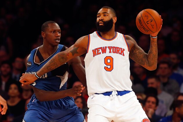 NEW YORK, NY - DECEMBER 16:  (NEW YORK DAILIES OUT)    Kyle O'Quinn #9 of the New York Knicks in action against Gorgui Dieng #5 of the Minnesota Timberwolves at Madison Square Garden on December 16, 2015 in New York City. The Knicks defeated the Timberwolves 107-102.  NOTE TO USER: User expressly acknowledges and agrees that, by downloading and/or using this Photograph, user is consenting to the terms and conditions of the Getty Images License Agreement.  (Photo by Jim McIsaac/Getty Images)