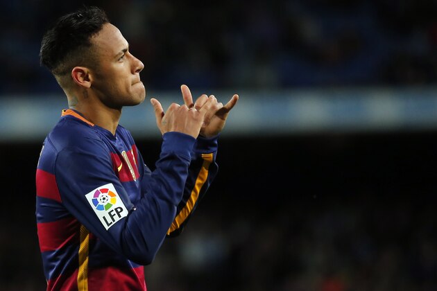 FC Barcelona's Neymar reacts after scoring against Celta Vigo during a Spanish La Liga soccer match at the Camp Nou stadium in Barcelona, Spain, Sunday, Feb. 14, 2016. (AP Photo/Manu Fernandez)