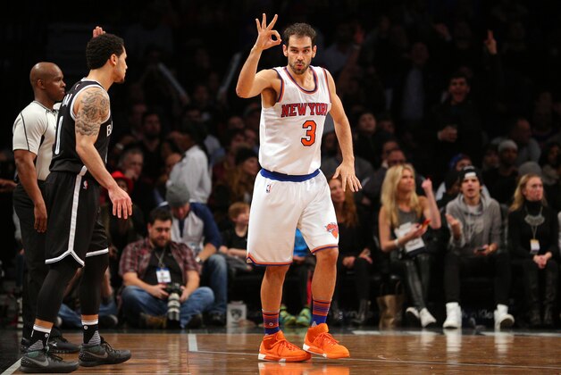 Jan 13, 2016; Brooklyn, NY, USA; New York Knicks point guard Jose Calderon (3) reacts after a three point shot against the Brooklyn Nets during the fourth quarter at Barclays Center. The Nets defeated the Knicks 110-104. Mandatory Credit: Brad Penner-USA TODAY Sports
