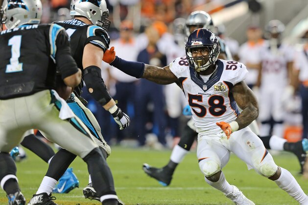 Denver Broncos’ Von Miller (58) lines up the Carolina Panthers’ Cam Newton (1) during the NFL Super Bowl 50 football game Sunday, Feb. 7, 2016, in Santa Clara, Calif.  (AP Photo/Gregory Payan)